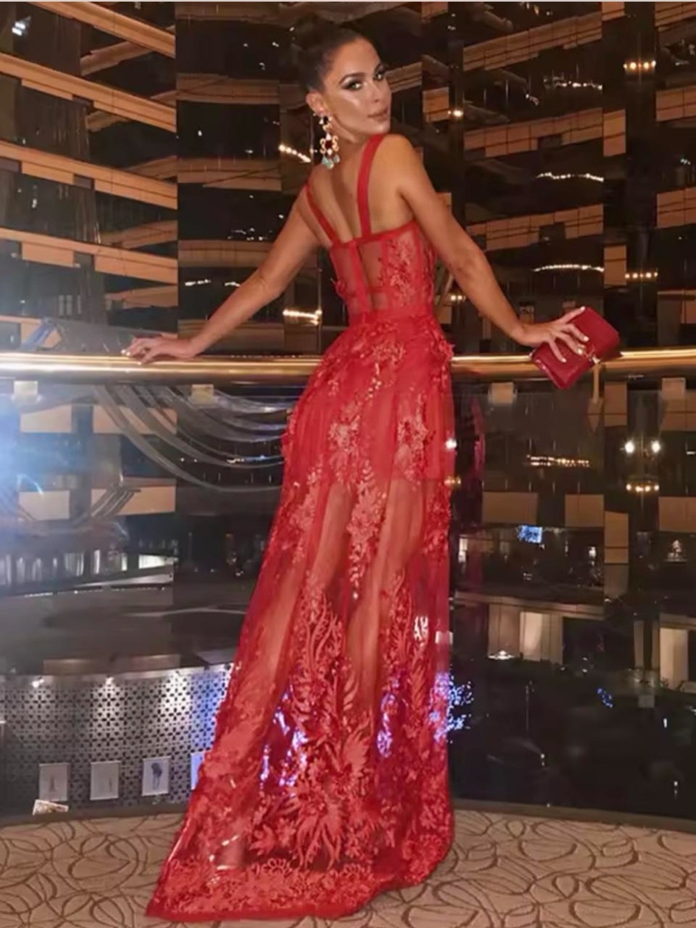 Red lace maxi dress with floral embroidery sequin party prom cocktail